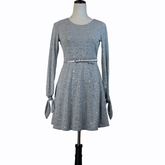 NWT RARE EDITIONS Girls Hacci Belted DressTextured Gray Size 14 - Picture 1 of 15